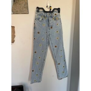 PacSun Dad Jeans Light Wash Embroidered Yin Yang Smiley Sunflower Denim Size 23